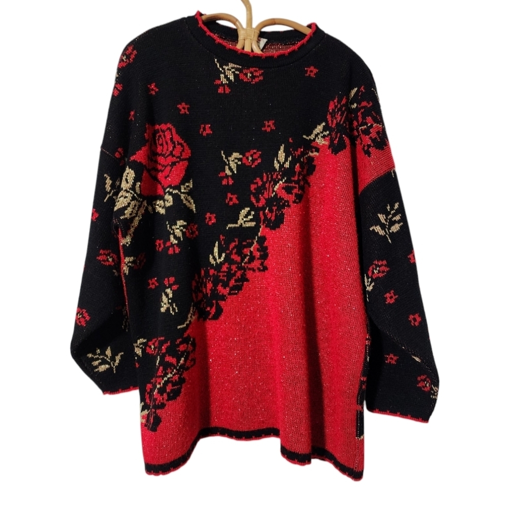 Vintage red rose and black color black holiday knit sweater - Picture 1 of 5